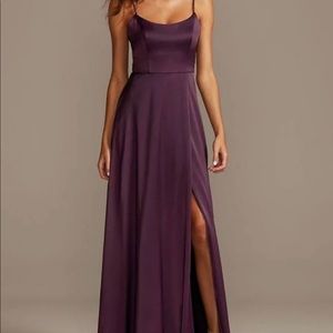 David’s Bridal Crepe-Back Satin Spaghetti Bridesmaids Dress in Plum